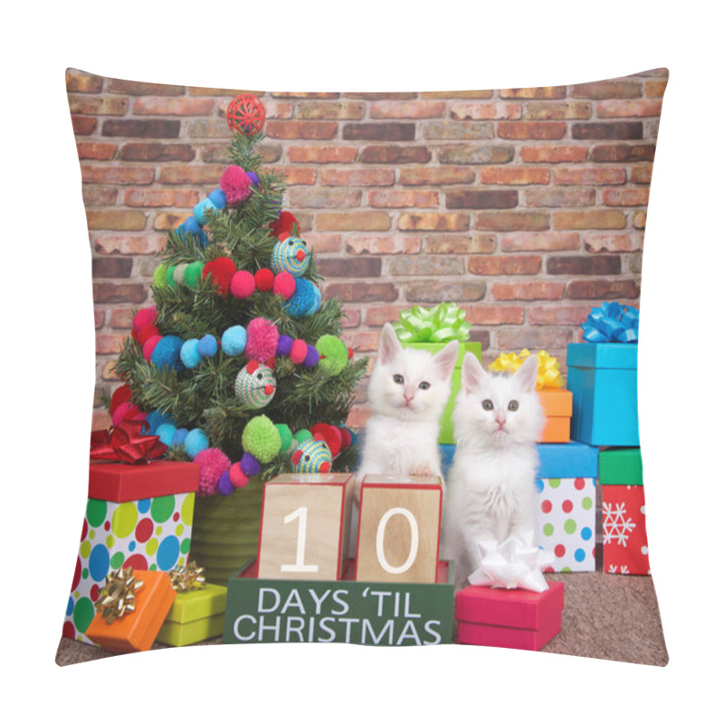 Personality  Two Fluffy White Kittens Sitting On Brown Carpet Next To Small Christmas Tree With Yarn Ball And Toy Mice Decorations. Colorful Presents With Bows And Countdown To Xmas Blocks. 10 Days Til. Pillow Covers