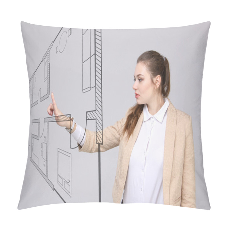 Personality  Female Architect Working With A Virtual Apartment Plan Pillow Covers