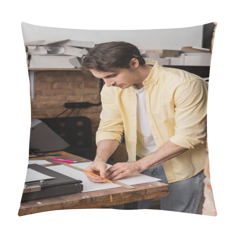 Personality  Good Looking Printing Operator Holding Ruler And Pencil Near Paper In Modern Print Center  Pillow Covers