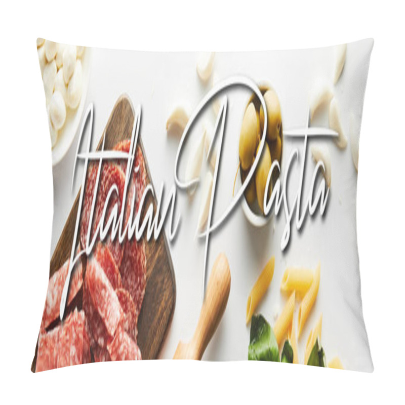 Personality  Panoramic Orientation Of Meat Platter, Rolling Pin, Pasta, Garlic And Bowls With Olives And Mozzarella On White Background, Italian Pasta Illustration Pillow Covers