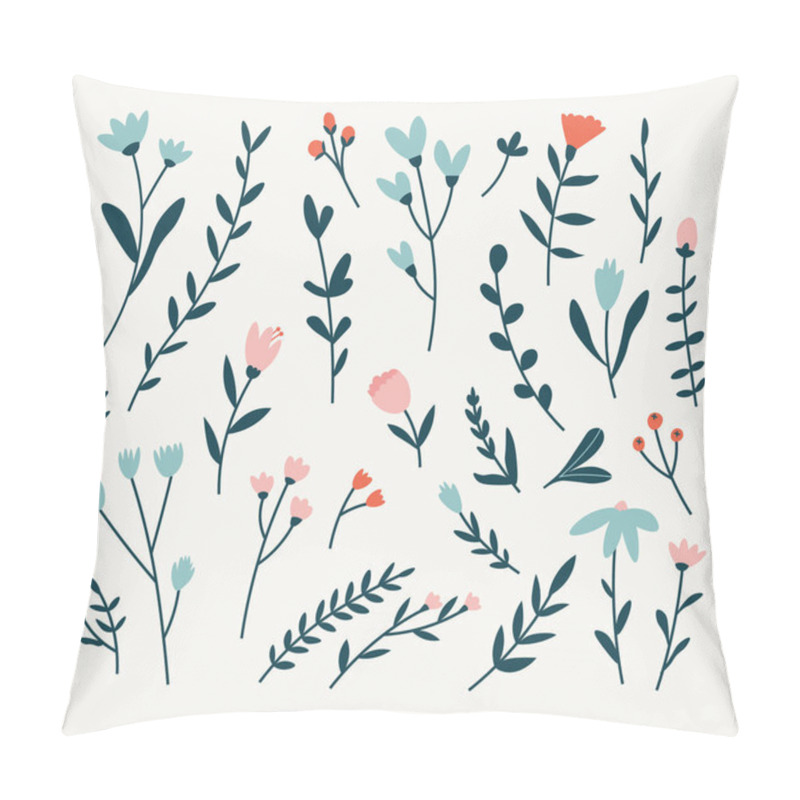 Personality  Vector Illustration Of Different Flowers And Branches Red, Blue, Pink Colours On A Beige Background. Hand Drawn Doodle Set. Flower Set Isolated On A Beige Background. Pillow Covers