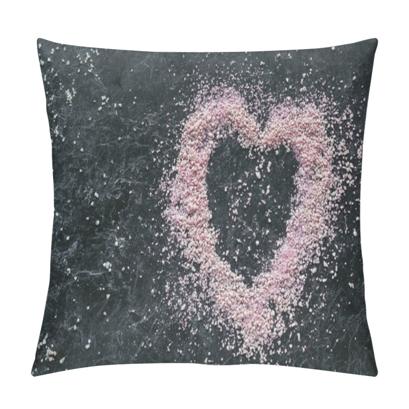 Personality  Top View Of Heart Shaped Pink Sea Salt For Spa On Black Marble Surface Pillow Covers