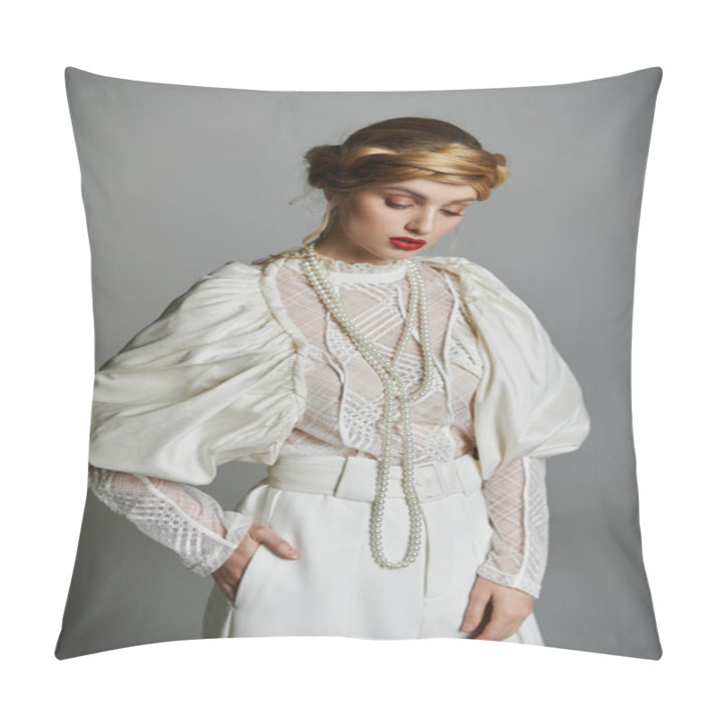 Personality  A Young Woman In A White Blouse And Pants Poses With A String Of Pearls. Pillow Covers