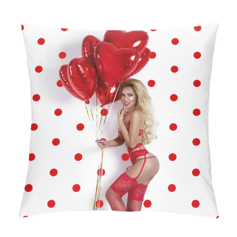 Personality  Valentine Beauty Girl With Red Air Balloon Isolated On Polka Dots Background. Beautiful Happy Young Woman In Red Erotic Lingerie. Holiday Party, Birthday. Joyful Model - Image Pillow Covers