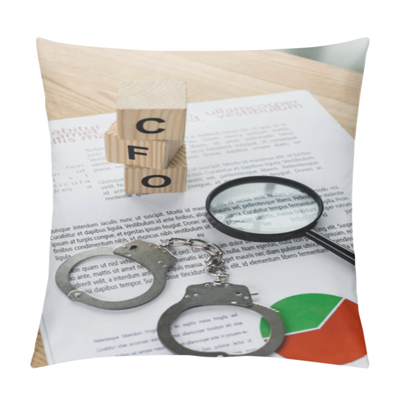 Personality  Magnifying Glass Near Cubes With Cfo Letters, Charts And Handcuffs On Desk Pillow Covers