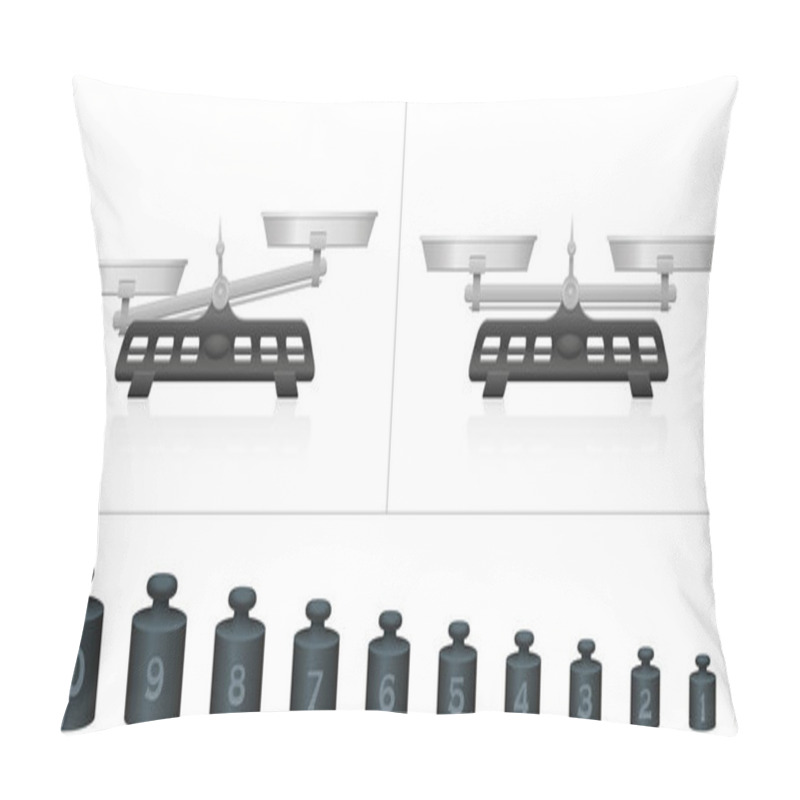 Personality  Two Pan Scales, Unequal And Equal Weightiness, Ten Different Weights For Calculation, Comparing, Counting And Weighing. Isolated Vector Illustration On White Background. Pillow Covers