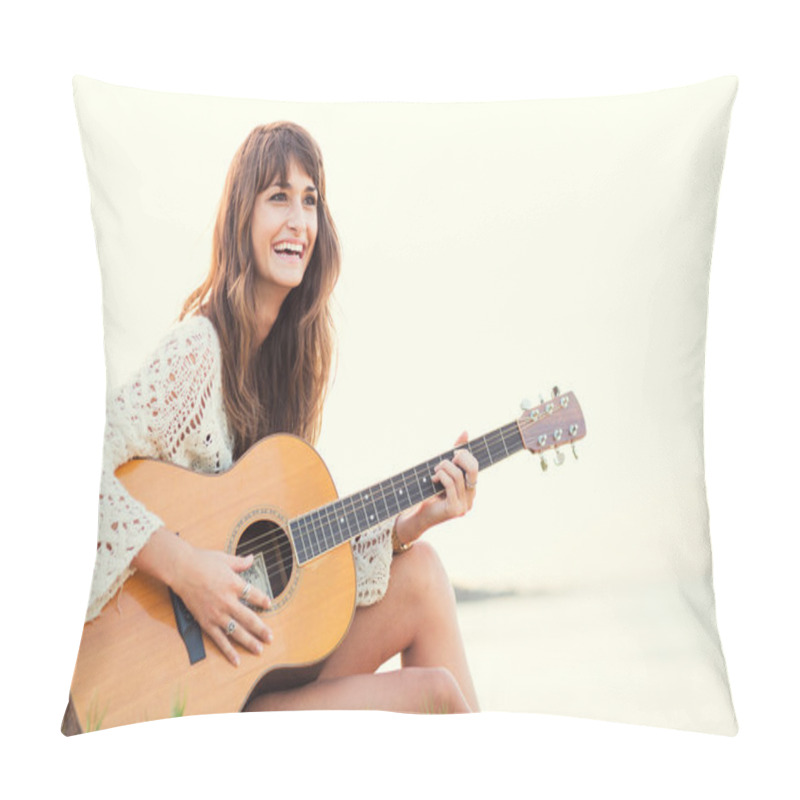 Personality  Beautiful Young Woman Playing Guitar On Beach Pillow Covers