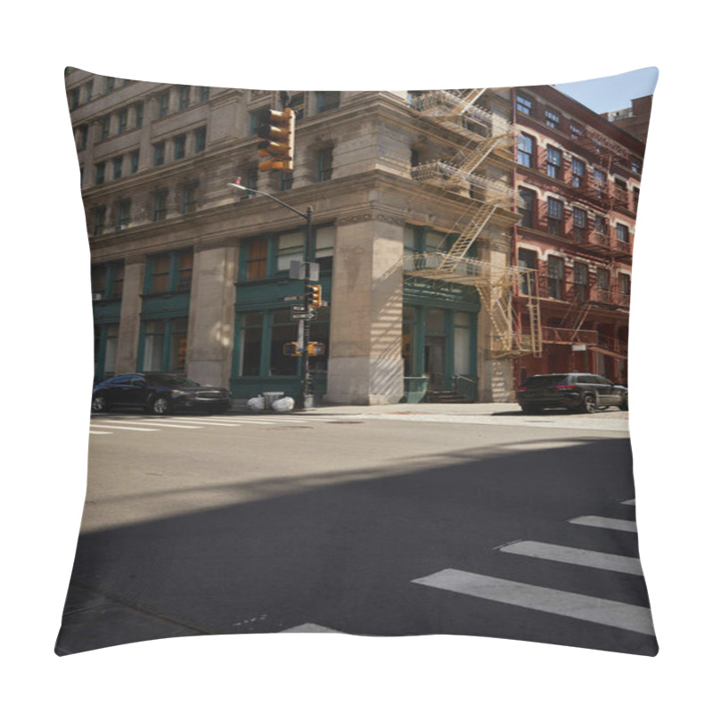 Personality  Corner Building With Fire Escape Stairs And Cars On Crossroad On Downtown Street Of New York City Pillow Covers