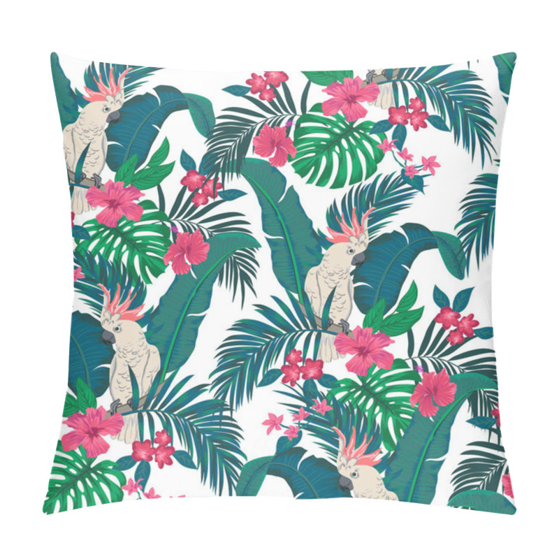 Personality  Vector Seamless Botanical Tropical Pattern With Parrots And Flowers. Floral Exotic Background Design With Banana Leaf, Areca Palm Leaves, Monstera Leaves, Hibiscus Flowers, Frangipani. Pillow Covers