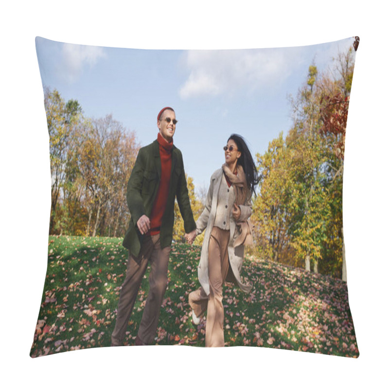 Personality  Two Loving Individuals Enjoy A Walk Amidst Falling Leaves, Clad In Cozy Autumn Attire. Pillow Covers