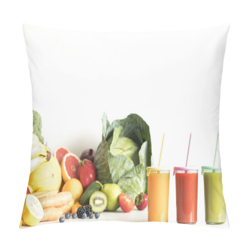 Personality  Fresh Homemade Smoothies With Fruits And Vegetables On White Background Pillow Covers