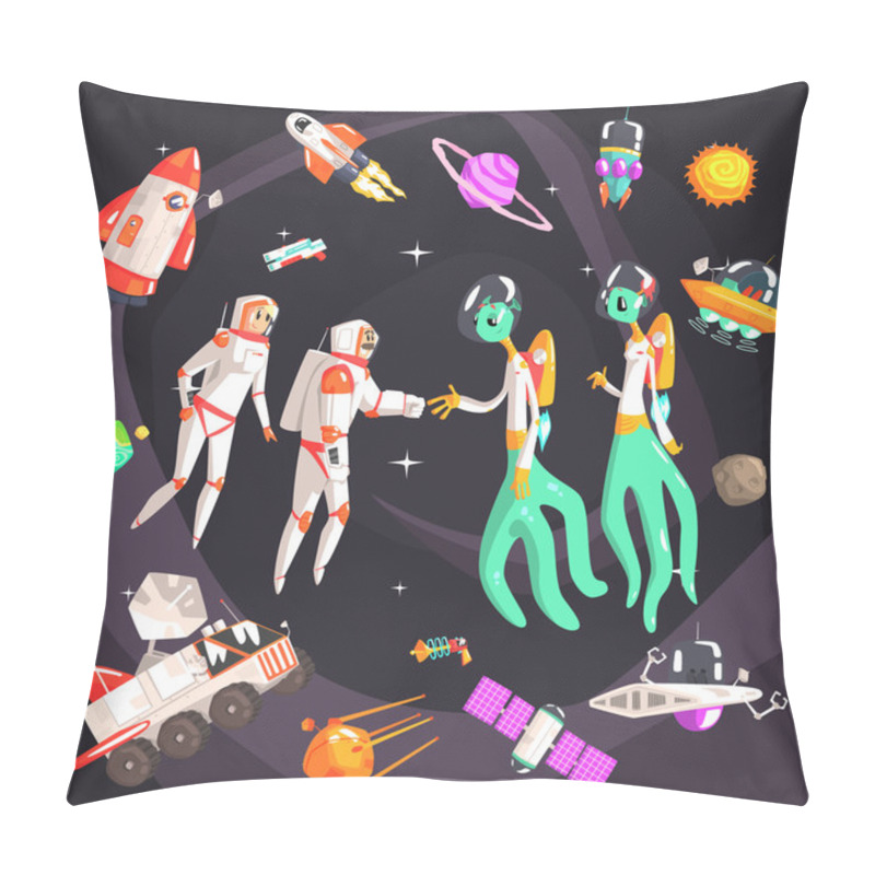 Personality  Astronauts Shaking Hands With Extraterrestrial Beings In Space Surrounded By  Travel Related Objects Pillow Covers