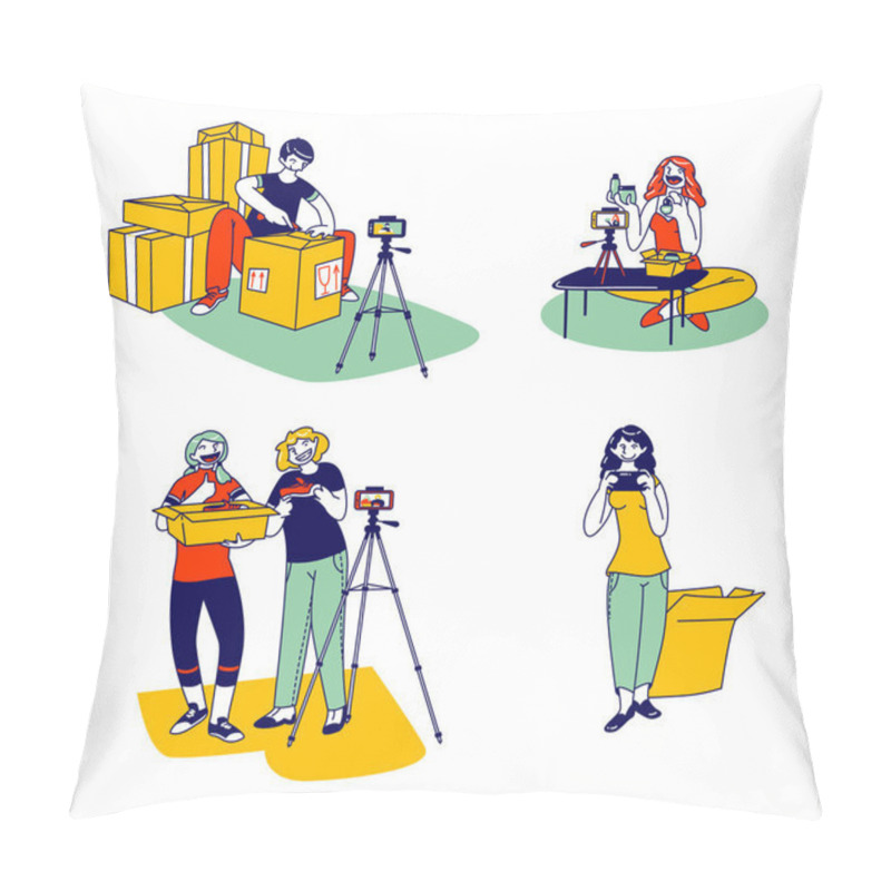 Personality  Mail Delivery Shipment Blogging Concept. Men And Women Bloggers Characters Opening Parcel Boxes Pillow Covers