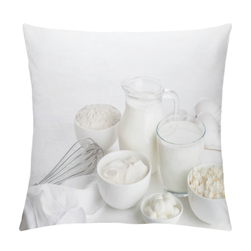 Personality  Fresh Dairy Products On White Background. Jar And Glass Of Milk, Bowl Of Sour Cream, Cottage Cheese And Baking Flour And Mozzarella. Eggs And Cheese.  Pillow Covers