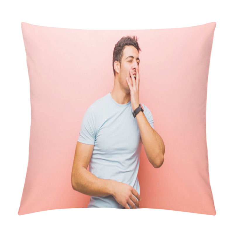 Personality  Young Arabian Man Yawning Lazily Early In The Morning, Waking And Looking Sleepy, Tired And Bored Against Pink Wall Pillow Covers