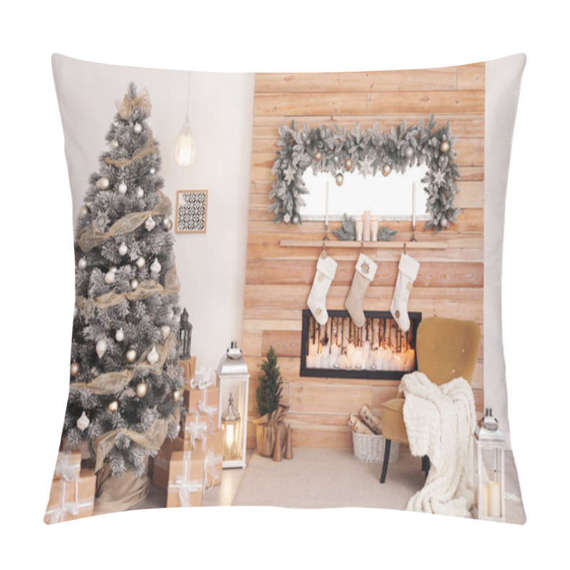 Personality  Festive Interior With Decorated Christmas Tree And Fireplace Pillow Covers