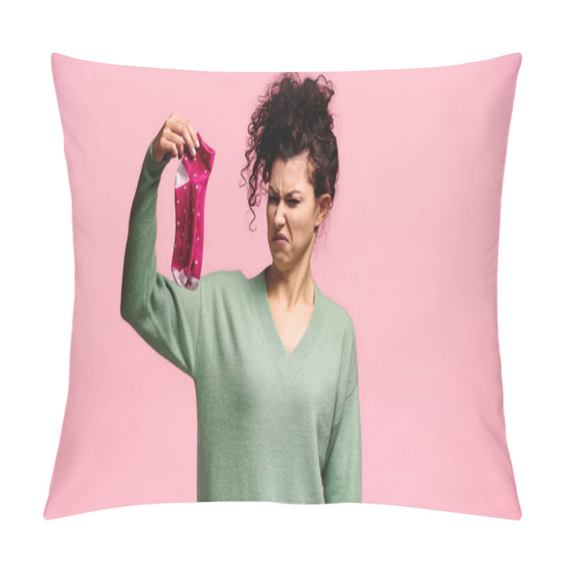 Personality   Grimacing Woman Holding Stinky Socks Isolated On Pink Pillow Covers