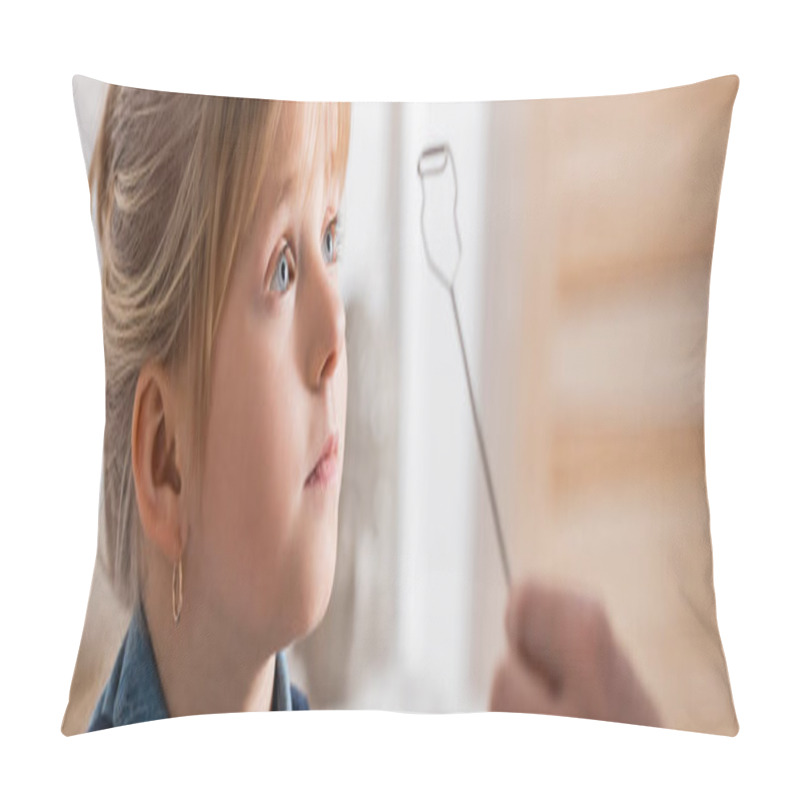 Personality  Pupil Looking Away Near Speech Therapist With Logopedic Probe In Classroom, Banner  Pillow Covers