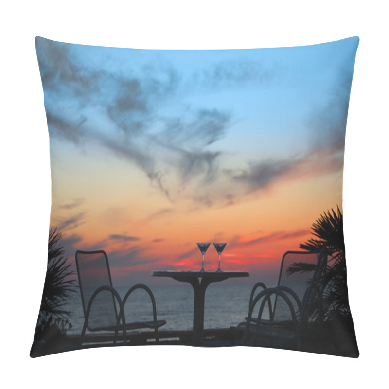 Personality  Table With Two Glasses Of Wine On Sunset On Sea Outdoor Pillow Covers