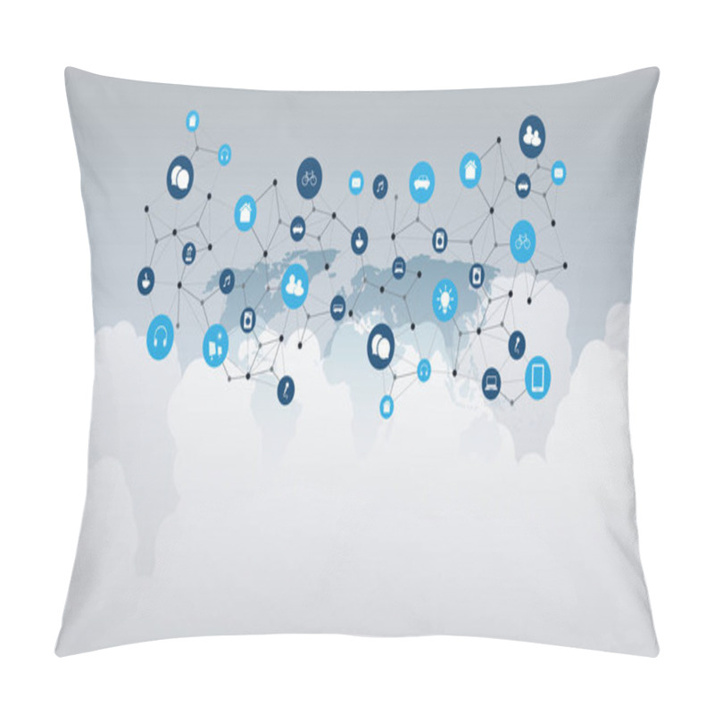 Personality  Internet Of Things, Cloud Computing Design Concept With World Map, Clouds And Icons - Digital Network Connections, Technology Background Pillow Covers