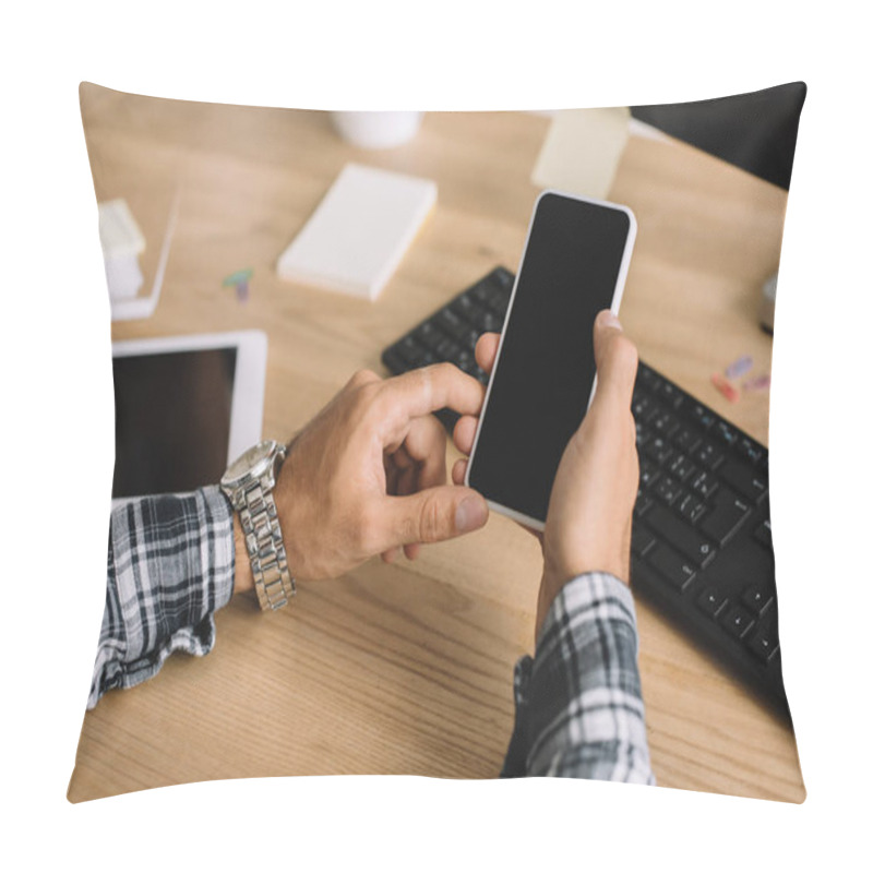 Personality  Cropped Shot Of Man Using Smartphone With Blank Screen At Workplace Pillow Covers