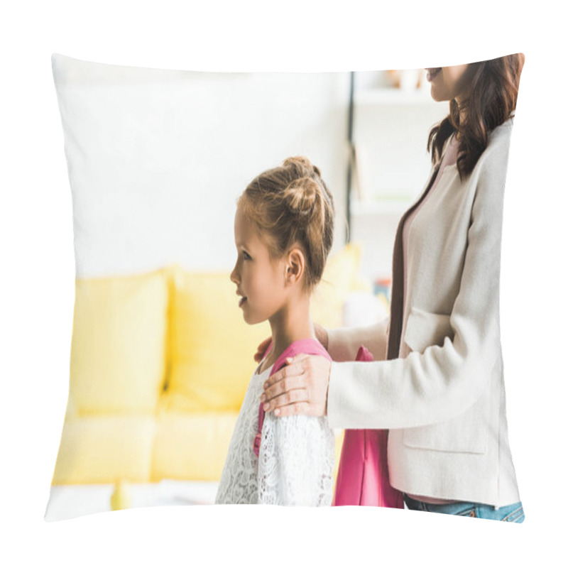 Personality  Cropped View Of Mother Touching Shoulders Of Daughter In Backpack  Pillow Covers