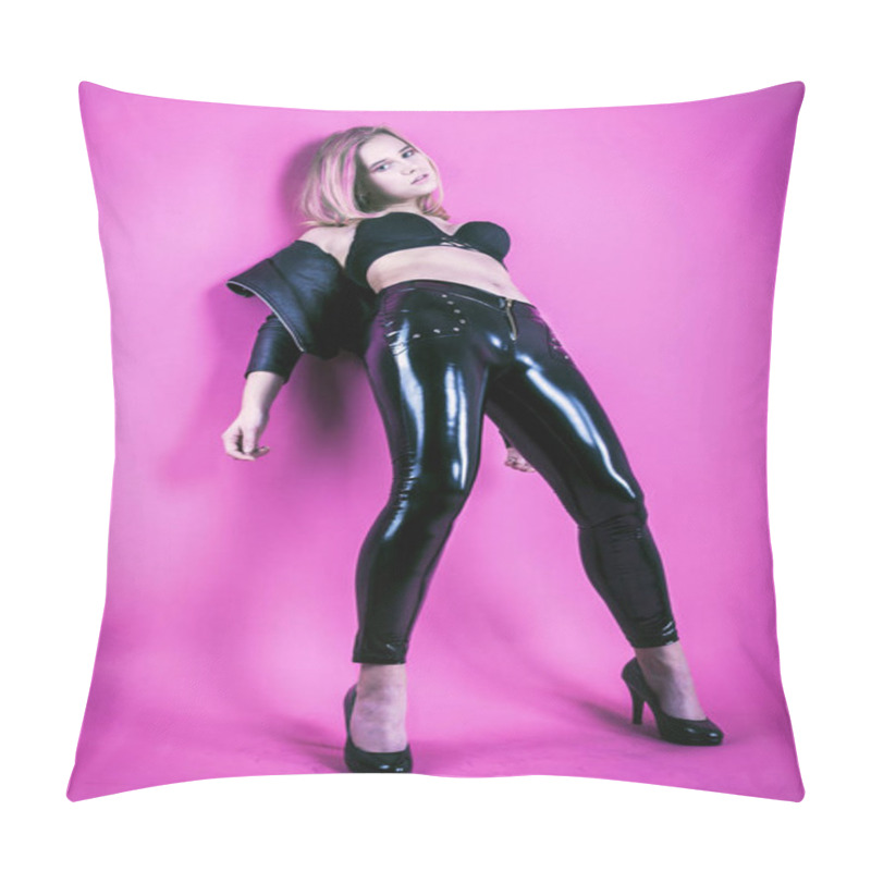 Personality  Attractive Czech Fashion Model In Black Patent Leather Jacket And Bra Wearing Shiny Latex Vinyl Leggings While Leaning On Pink Wallpaper Backdrop In Photo Studio Pillow Covers