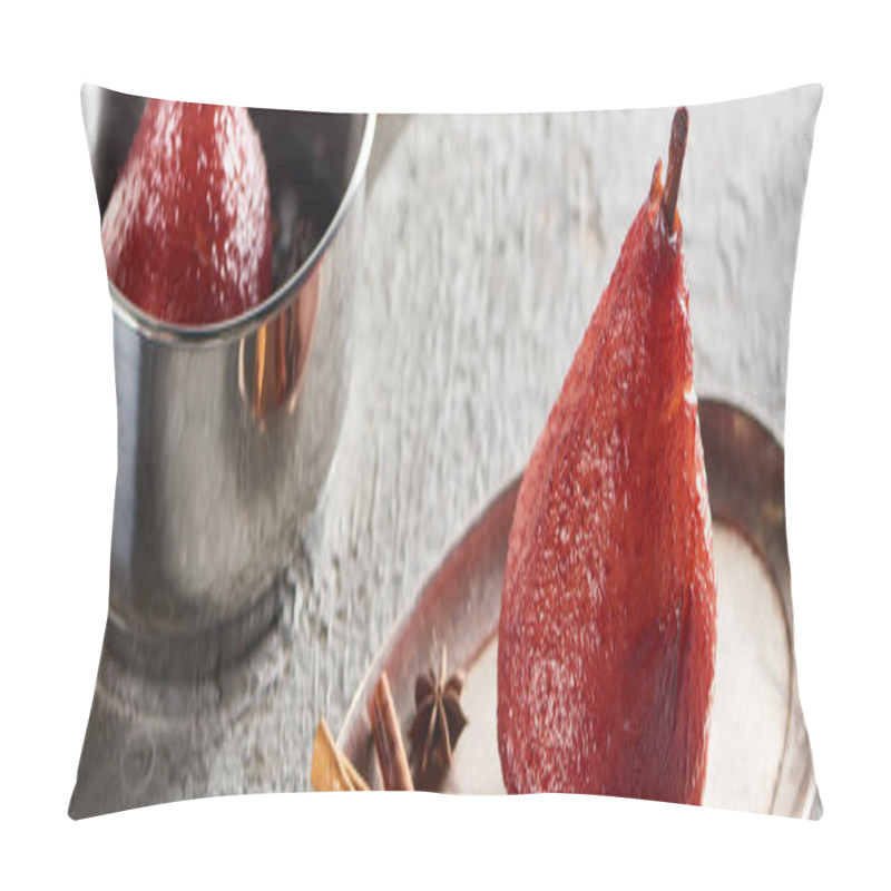 Personality  Delicious Pear In Wine In Stewpan And On Silver Plate With Cinnamon And Anise On Grey Concrete Surface, Panoramic Shot Pillow Covers