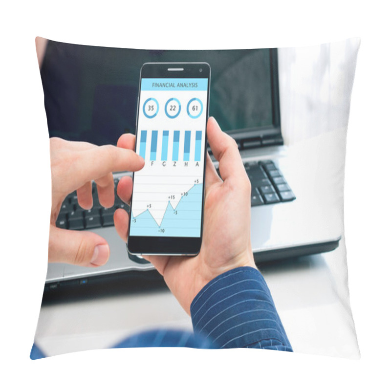 Personality  Businessman Checks The Financial Analysis On Smartphone Pillow Covers