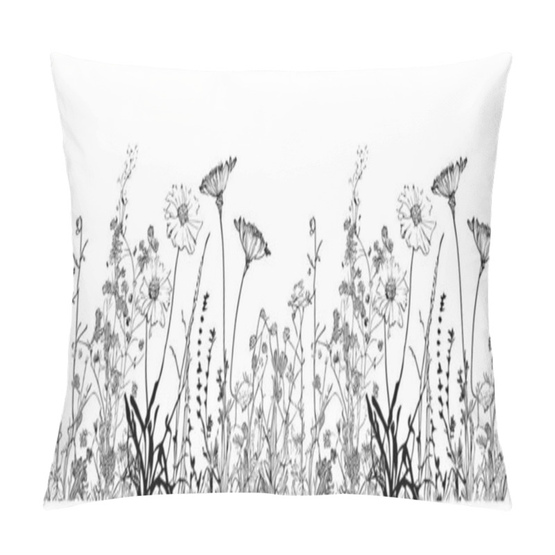 Personality  Wild Flowers In The Field Border Sketch Hand Drawn Vector Illustration. Pillow Covers