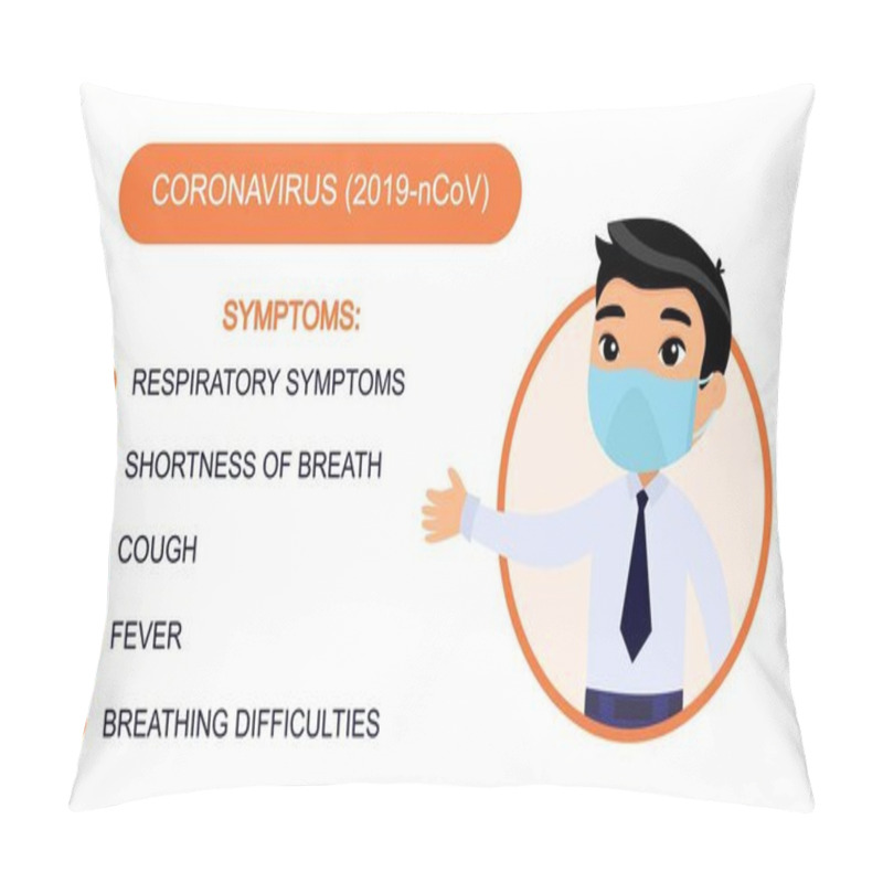 Personality  Cartoon Asian Man In An Office Suit Points To A List Of Coronavirus Symptoms. Character With A Protective Mask On His Face. Virus Protection Infographics. Vector Illustration On A White Background. Pillow Covers