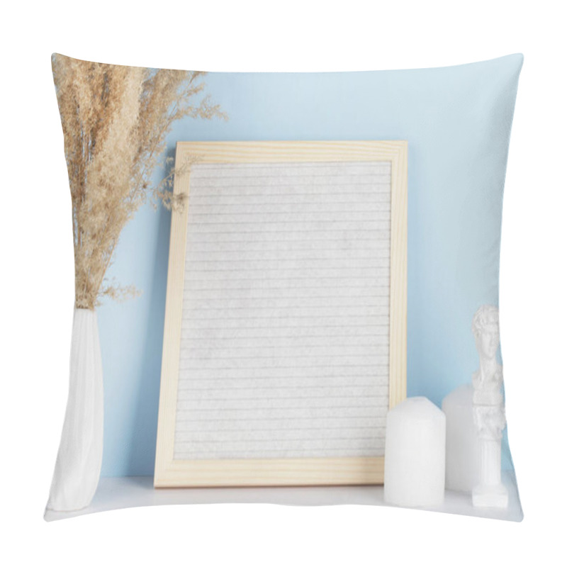 Personality  Dried Pampas Grass In Vases, Small Statue, Candles And Felt Letter Board On White And Blue Background, Interior, Home Design. Art Concept. Copy Space Pillow Covers