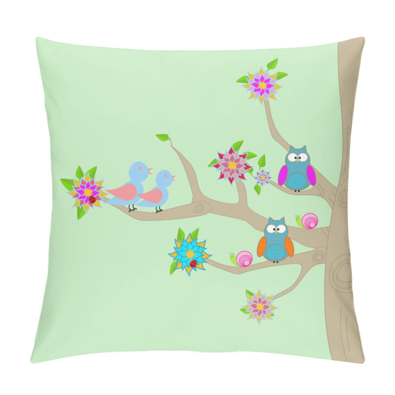 Personality  A Tree With Flowers, Owls, Birds And Ladybugs Pillow Covers