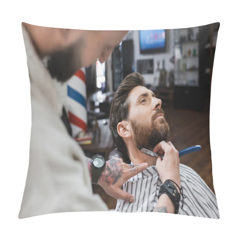 Personality  Tattooed Barber Shaving Bearded Of Man With Straight Razor In Barbershop  Pillow Covers