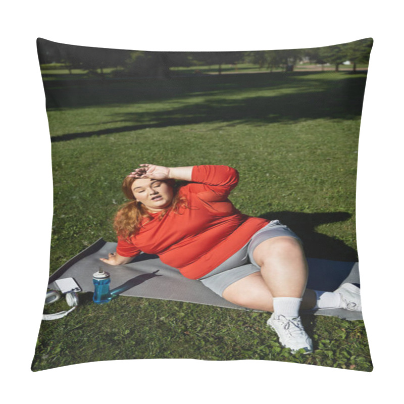 Personality  A Cheerful Woman Relaxes On A Mat After Exercising Outdoors. Pillow Covers