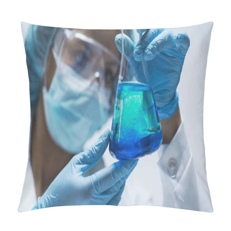 Personality  Researcher Watching Chemical Reaction After Adding Test Material Into Flask Pillow Covers