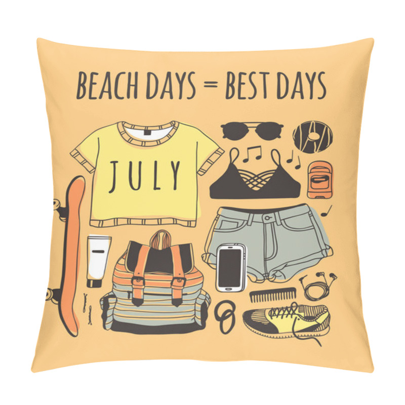 Personality  Hand Drawn Summer Quote And Illustration. Actual Tropical Vector Background. Artistic Doddle Drawing. Creative Ink Art Work And Text BEACH DAYS  BEST DAYS Pillow Covers