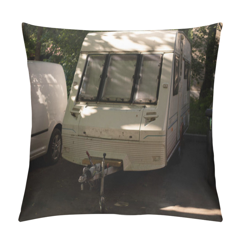 Personality  Mobile Home In The Parking Lot. Car Trailer. Parking Near The House. Pillow Covers