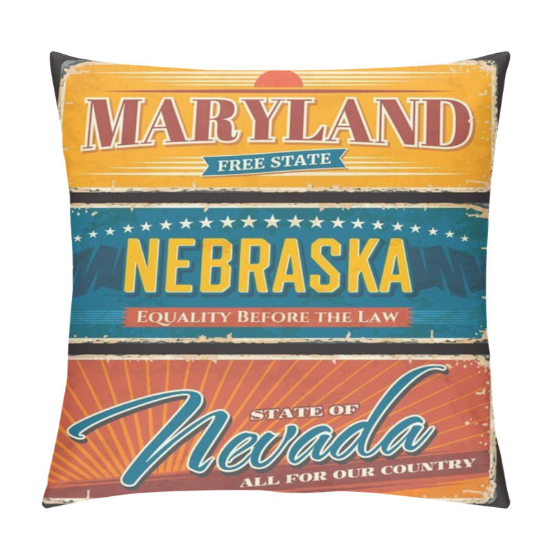 Personality  USA American States Nevada, Nebraska And Maryland Metal Plates Rusty Vector Signs. US American State Rusty Metal Plates With City Motto And Taglines, USA Landmarks Flags And Grunge Signage Pillow Covers