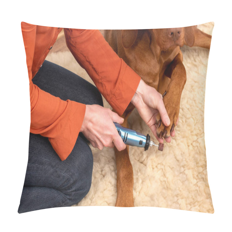 Personality  Dog Nails Grinding. Woman Using A Dremel To Shorten Dogs Nails. Pet Owner Dremeling Nails On Vizsla Dog. Pillow Covers