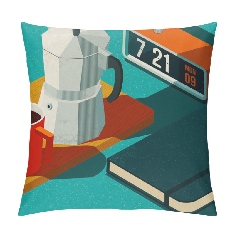 Personality  Preparing Breakfast At Home In The Morning: Moka Pot, Cup Of Coffee, Notebook And Alarm Clock, Isometric Illustration Pillow Covers