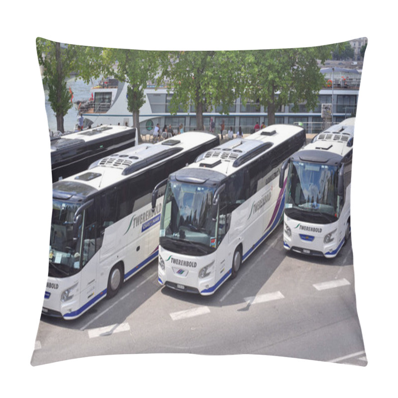 Personality  Budapest, Hungary - July 6, 2019: Tourist Buses Twerenbold Reisen AG On The Parking Lot On The Danube Embankment. Pillow Covers