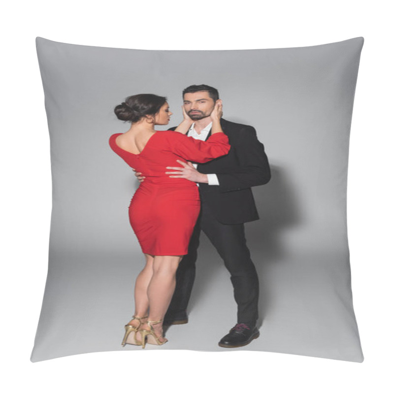 Personality  Full Length Of Elegant Man Looking At Camera And Hugging Sexy Woman In Dress And Heels On Grey Background  Pillow Covers