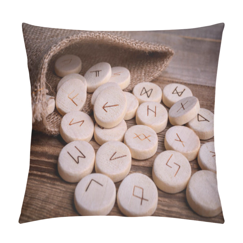 Personality  Wooden Runes On A Wood Background. Ancient Alphabet Known As The Futhark Are Divided Into The Three Aetts Pillow Covers