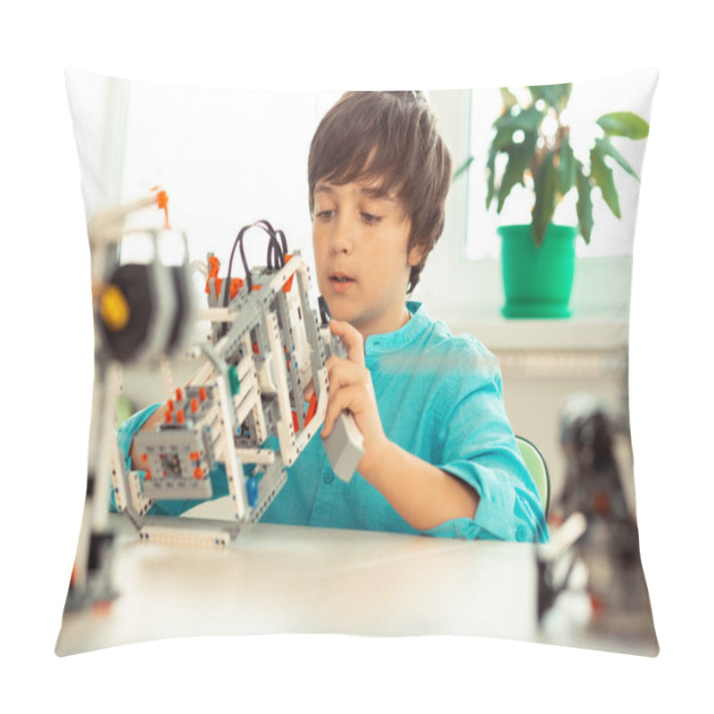 Personality  Schoolboy Working With Construction Set At The Lesson. Pillow Covers