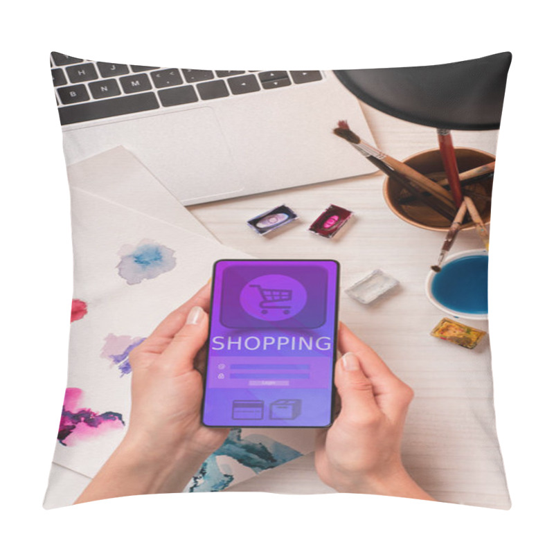 Personality  Cropped View Of Designer At Office Desk Holding Smartphone With Online Shopping App On Screen, Flat Lay Pillow Covers