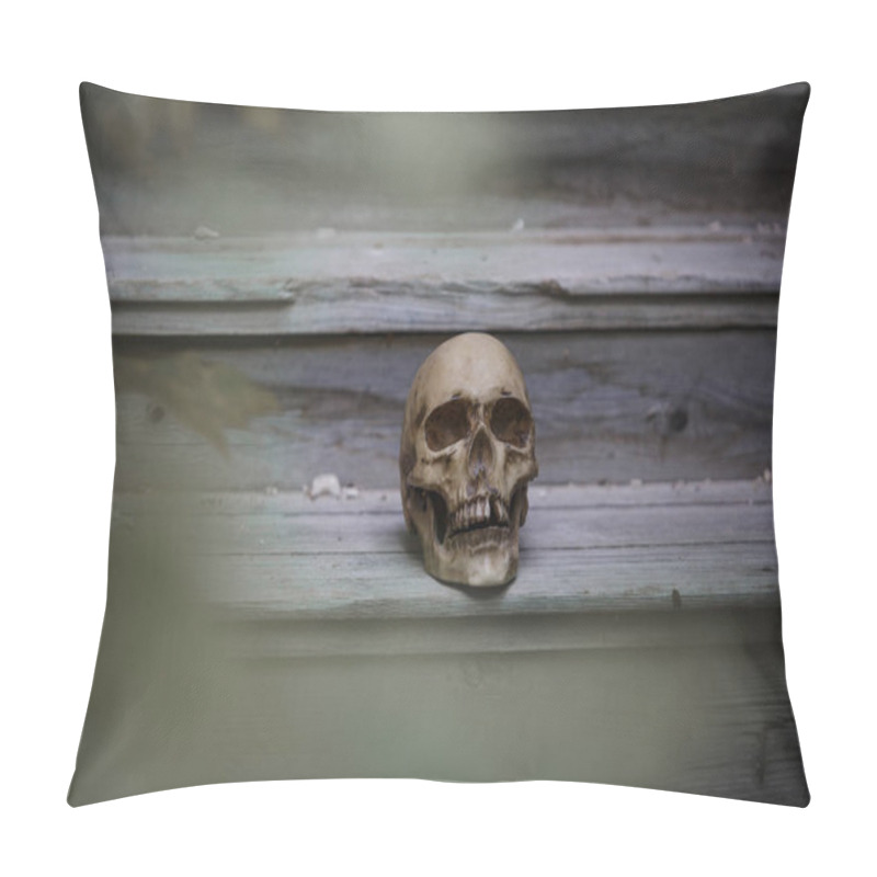 Personality  The Skull Of A Man Lying On The Steps Of An Old Wooden Staircase, Illuminated By Light. Horrors In An Abandoned House On Halloween Pillow Covers