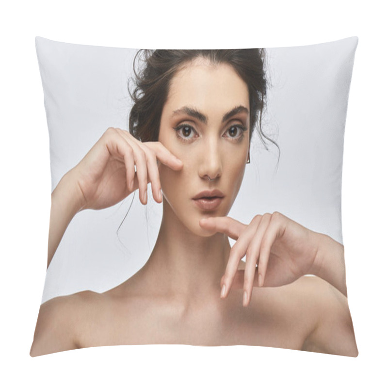 Personality  Close-up Of Young Woman With Dark Hair And Elegant Attire, Hands Framing Face. Pillow Covers