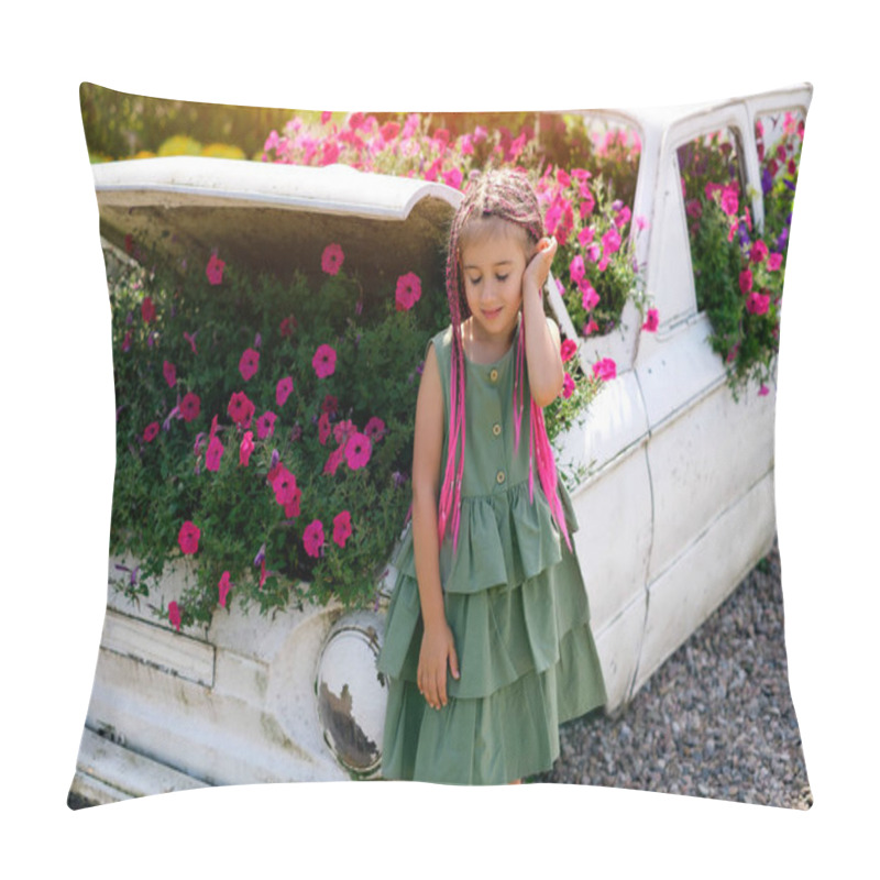 Personality  A Girl With Fashionable Zizi Pigtails From Kanekalon Closed Her Eyes From Enjoying The Smell Of Flowers. A Kid Is Standing By A Decorative Car Used Instead Of A Flowerbed. Landscape Design Ideas Pillow Covers