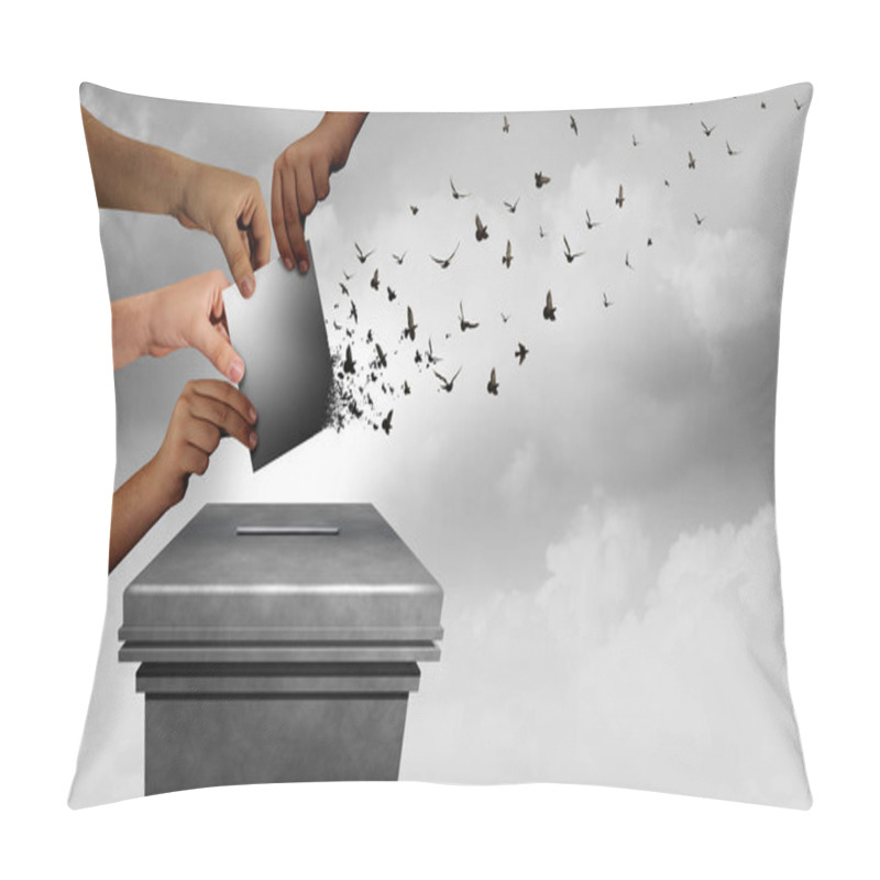 Personality  End Of Democracy And Voter Suppression In An Election And Voting Rights As A Diverse Electorate Casting A Ballot At A US Polling Station As A Right To Vote As Hands Holding A Ballot With 3D Illustration Elements. Pillow Covers